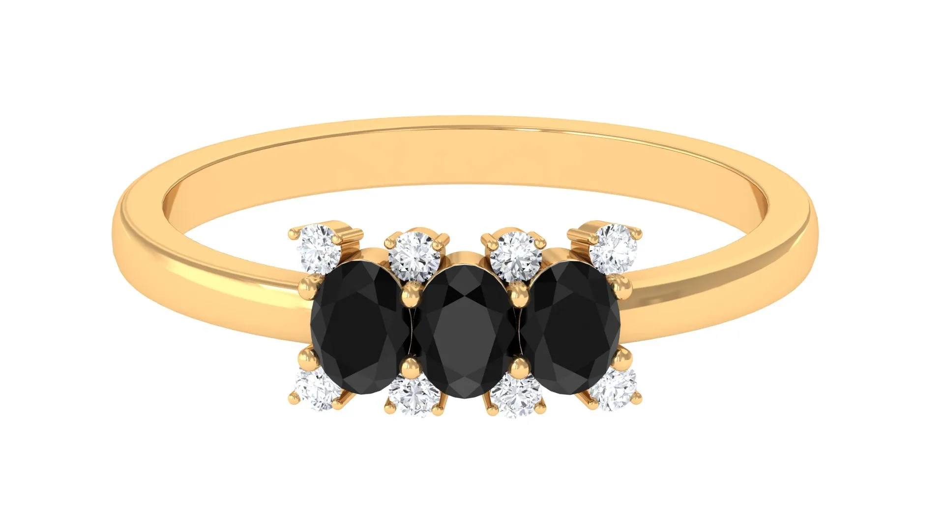 1/2 CT Oval Black Onyx Three Stone Promise Ring with Diamond