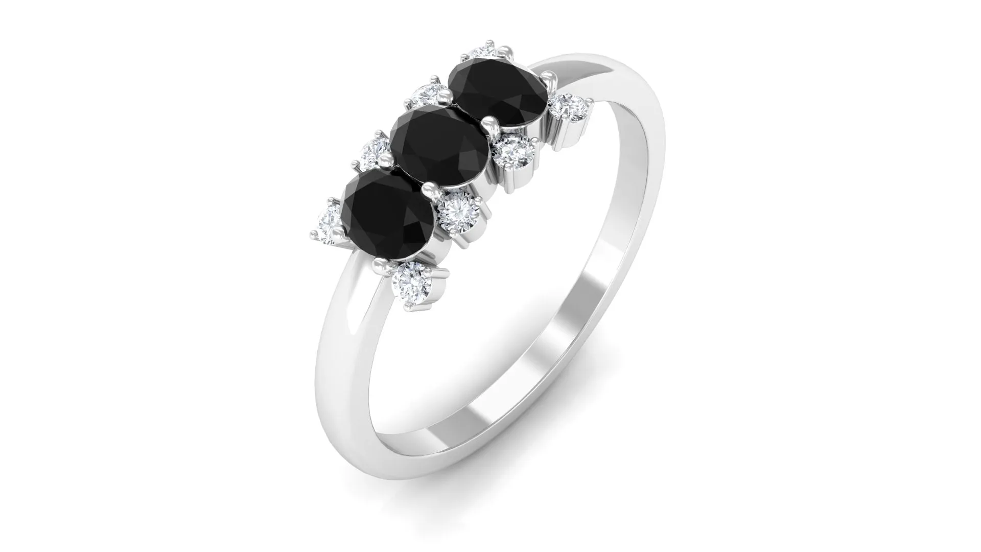 1/2 CT Oval Black Onyx Three Stone Promise Ring with Diamond