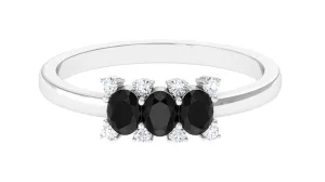 1/2 CT Oval Black Onyx Three Stone Promise Ring with Diamond