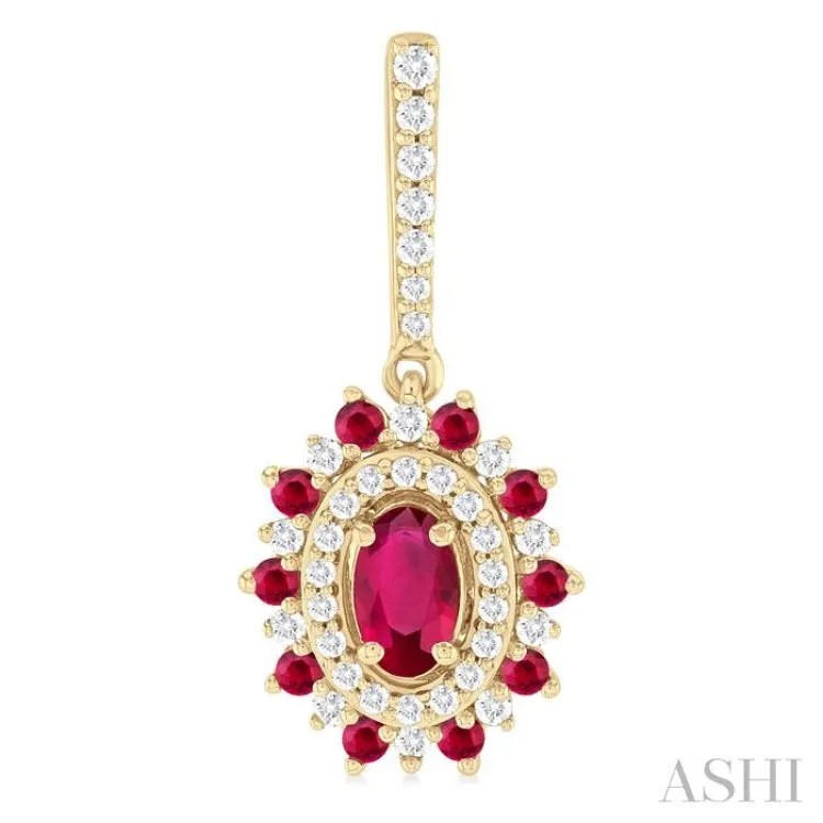 1/3 ctw 5x3 MM & 1.45 MM Ruby and Round Cut Diamond Precious Earring in 14K Yellow Gold