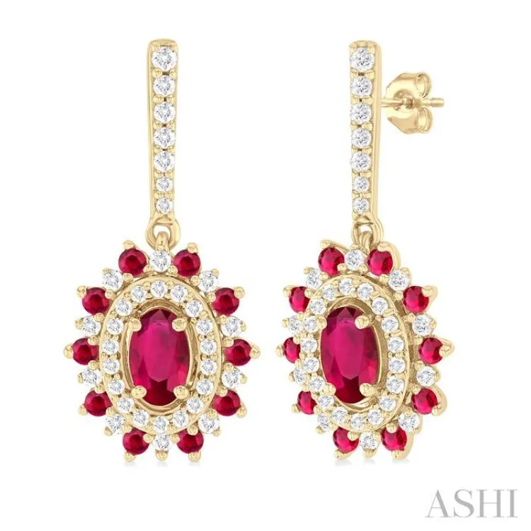 1/3 ctw 5x3 MM & 1.45 MM Ruby and Round Cut Diamond Precious Earring in 14K Yellow Gold