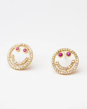 14k Diamond and Ruby Smiley face Stud Earrings