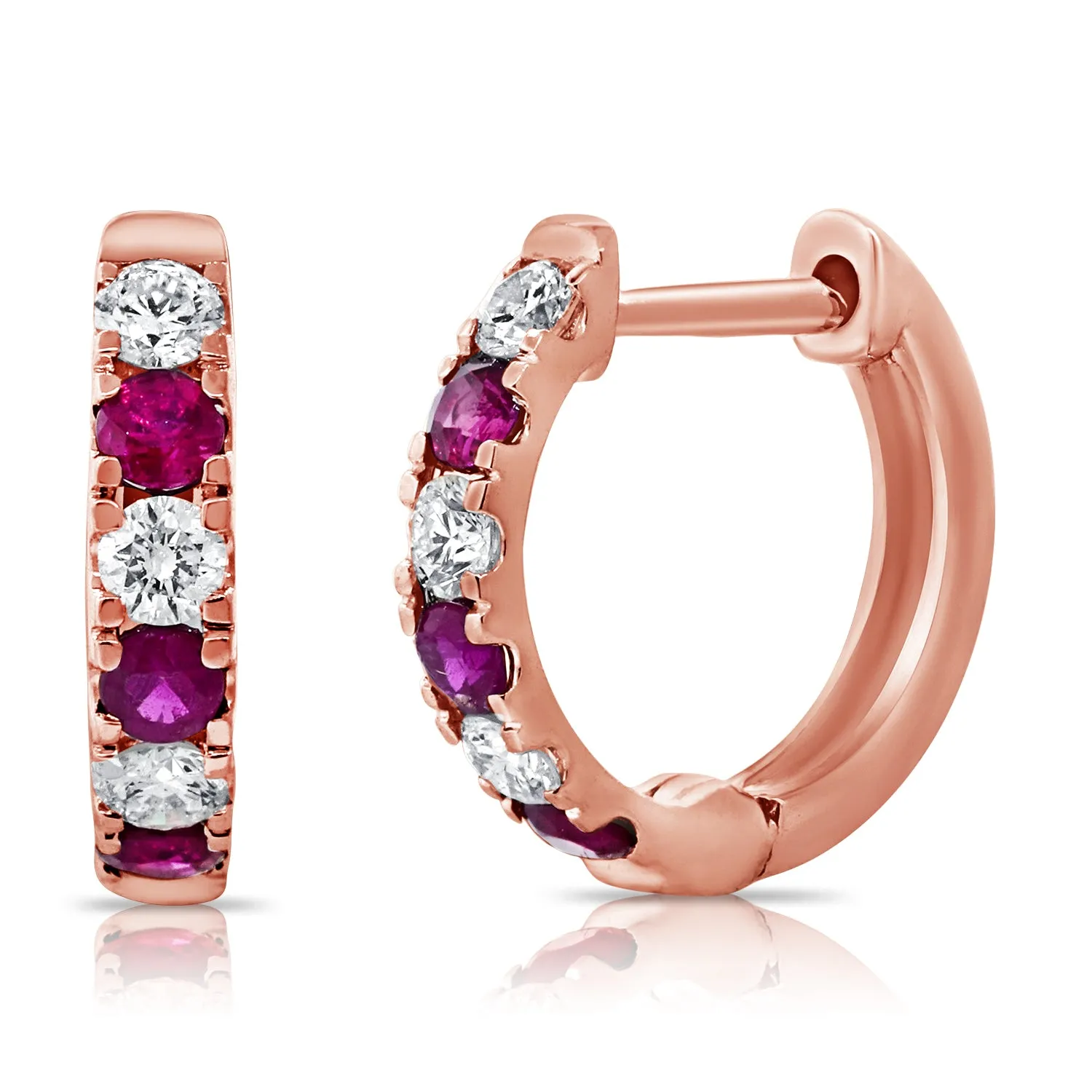 14K Gold Diamond & Ruby Alternating Huggie Earrings