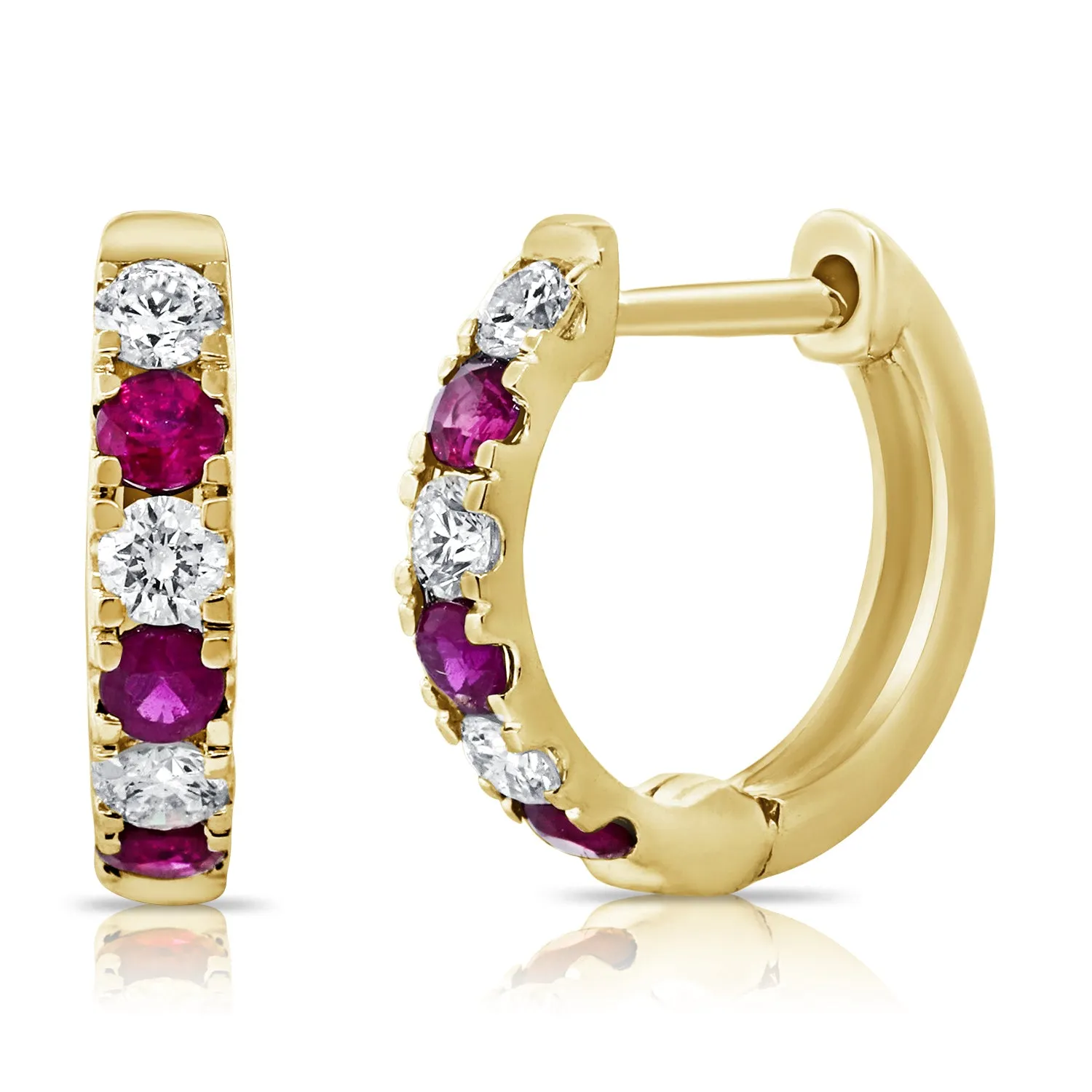 14K Gold Diamond & Ruby Alternating Huggie Earrings