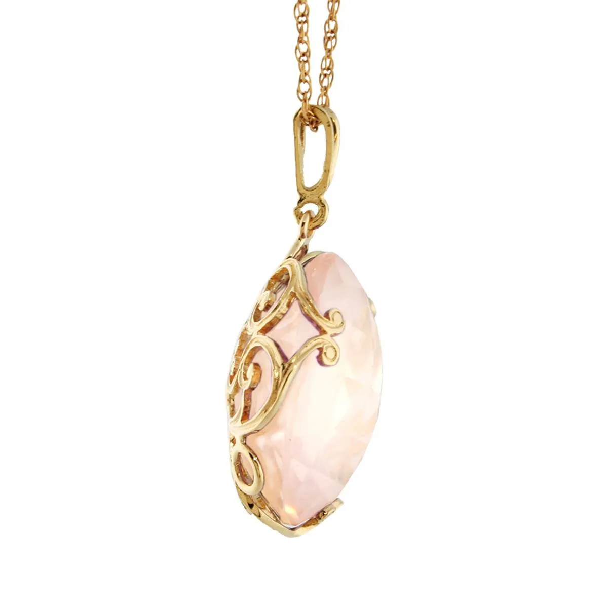 14K Solid Yellow Gold Checkerboard Round Rose Quartz Necklace