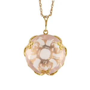 14K Solid Yellow Gold Checkerboard Round Rose Quartz Necklace