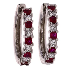 14K White Gold Ruby & Diamond Huggie Hoop Earrings