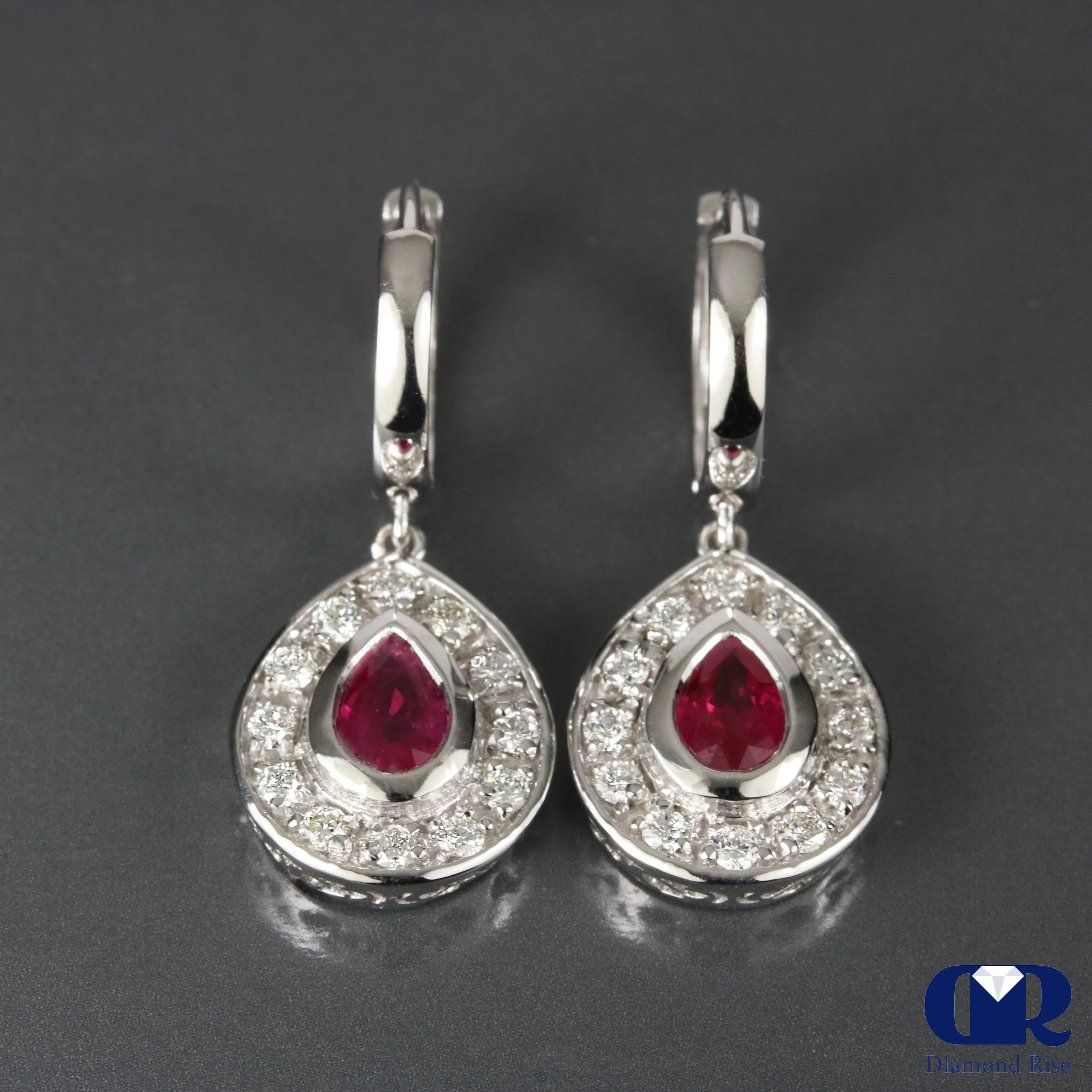 1.75 Carat Ruby & Diamond Pear Shaped Dangle Drop Earrings 14K White Gold