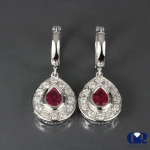 1.75 Carat Ruby & Diamond Pear Shaped Dangle Drop Earrings 14K White Gold