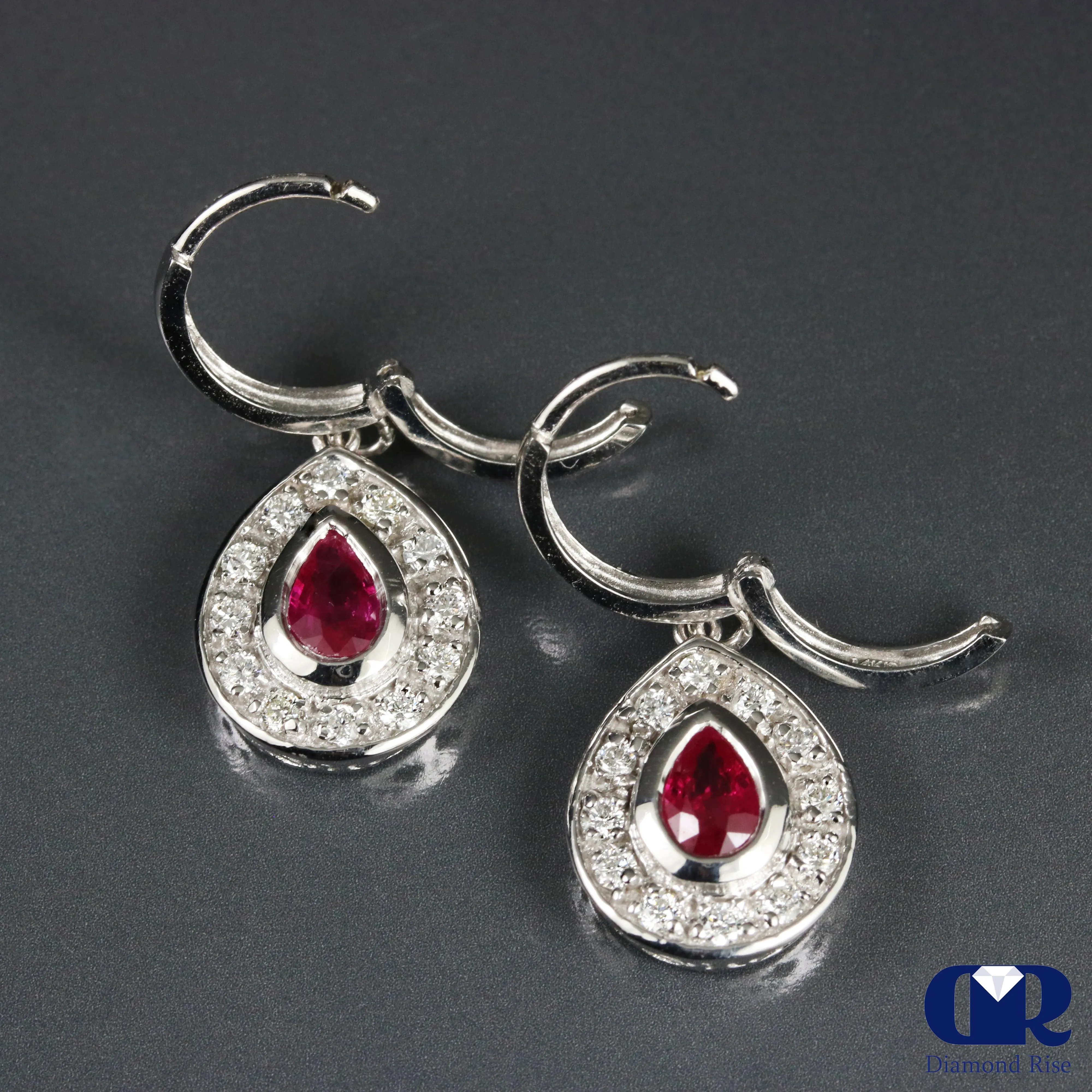 1.75 Carat Ruby & Diamond Pear Shaped Dangle Drop Earrings 14K White Gold