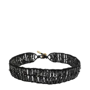 18K Gold Wide Woven Tube and Rondelle Bracelet in Black Diamonds