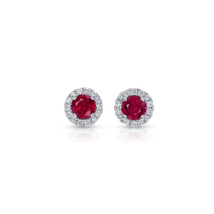 18k White Gold Round Brilliant Ruby and Diamond Studs