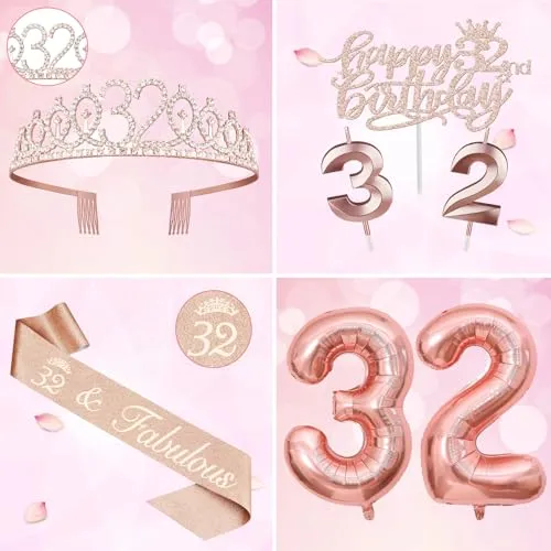 32 Birthday Decorations for Women Including 32nd Birthday Sash, Crown/Tiara, Birthday 32 Candles and Cake Toppers, Numeral 32 Balloons, 32 Birthday Gifts for Women with Birthday Decorations