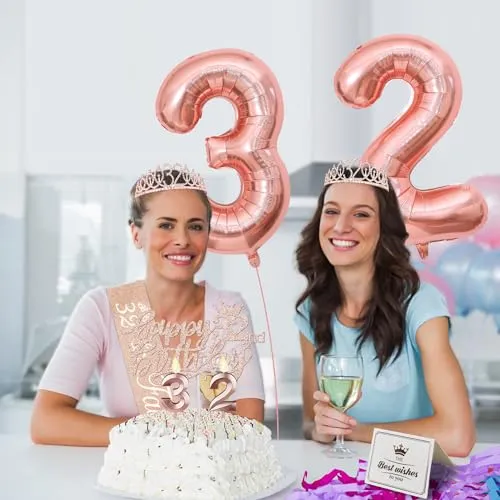 32 Birthday Decorations for Women Including 32nd Birthday Sash, Crown/Tiara, Birthday 32 Candles and Cake Toppers, Numeral 32 Balloons, 32 Birthday Gifts for Women with Birthday Decorations