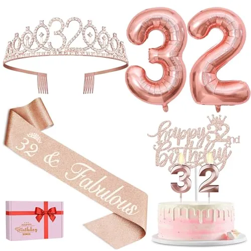 32 Birthday Decorations for Women Including 32nd Birthday Sash, Crown/Tiara, Birthday 32 Candles and Cake Toppers, Numeral 32 Balloons, 32 Birthday Gifts for Women with Birthday Decorations