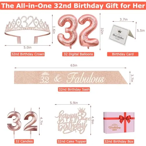 32 Birthday Decorations for Women Including 32nd Birthday Sash, Crown/Tiara, Birthday 32 Candles and Cake Toppers, Numeral 32 Balloons, 32 Birthday Gifts for Women with Birthday Decorations