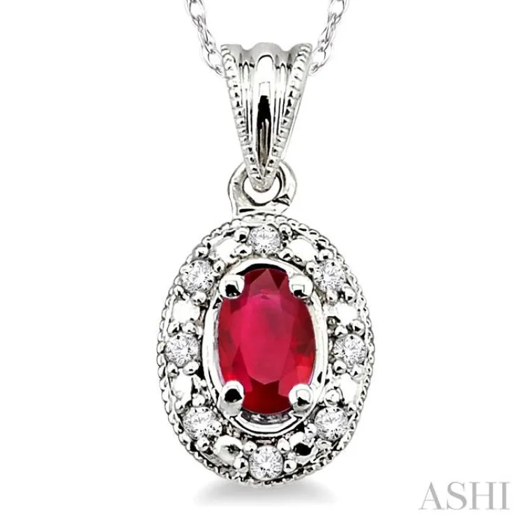 5x3mm Oval Shape Ruby and 1/20 Ctw Single Cut Diamond Pendant in 10K White Gold with Chain.