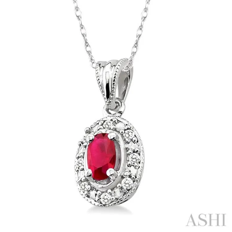 5x3mm Oval Shape Ruby and 1/20 Ctw Single Cut Diamond Pendant in 10K White Gold with Chain.