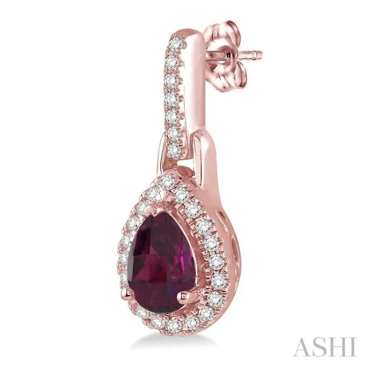 6x4 MM Pear Shape Rhodolite Garnet and 1/5 Ctw Round Cut Diamond Earrings in 10K Rose Gold