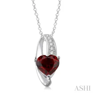 8x8  MM Heart Shape Garnet and 1/20 ctw Single Cut Diamond Pendant in Sterling Silver with Chain