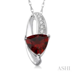 8x8mm Trillion Cut Garnet and 1/20 Ctw Single Cut Diamond Pendant in 10K White Gold with Chain