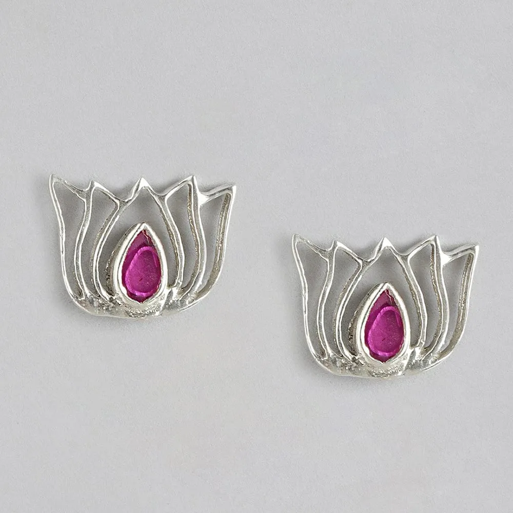 92.5 Silver Red Kundan Sacred Lotus Stud Earrings