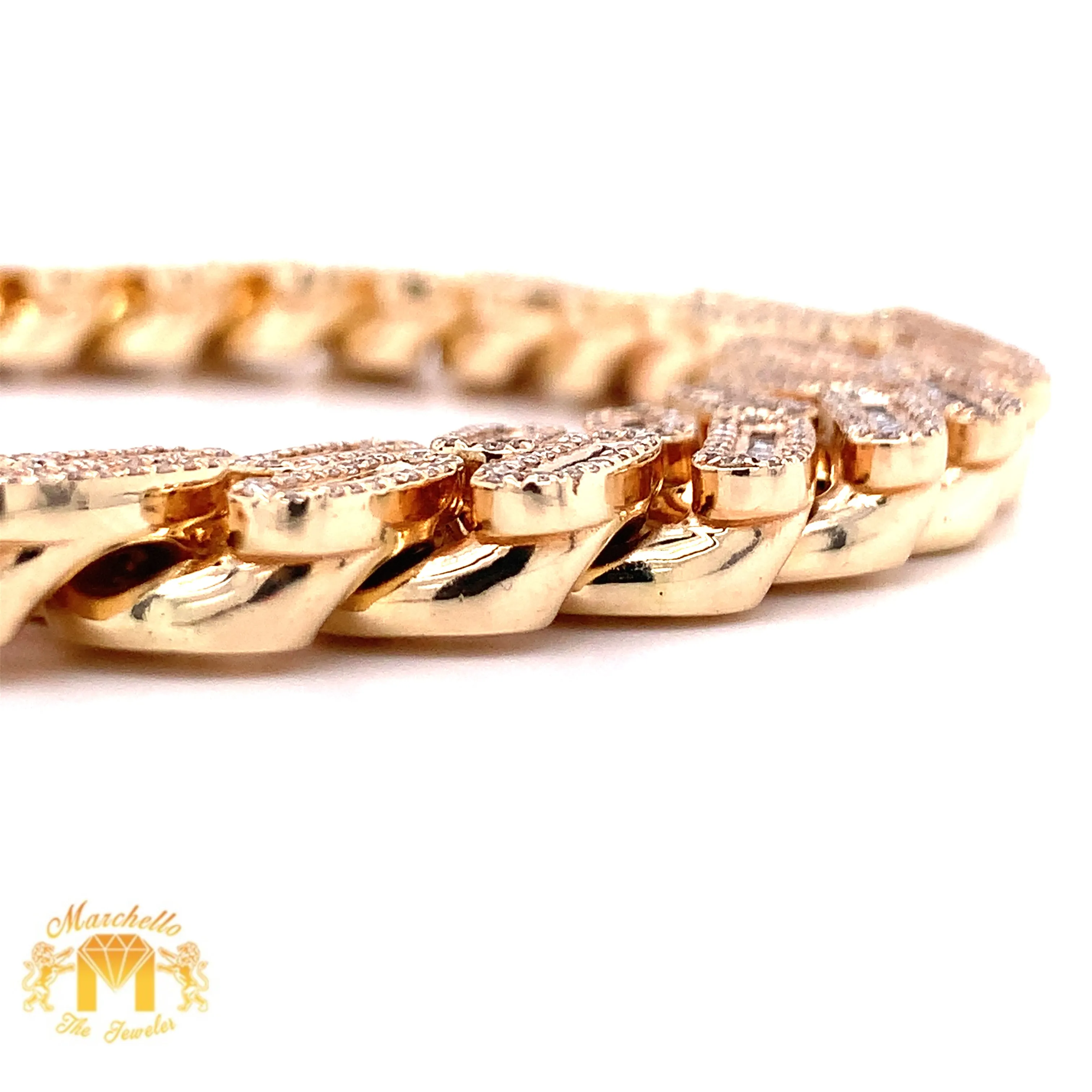 9ct Baguette & Round Diamond and Gold 15MM Cuban Bracelet (prong set, box clasp)