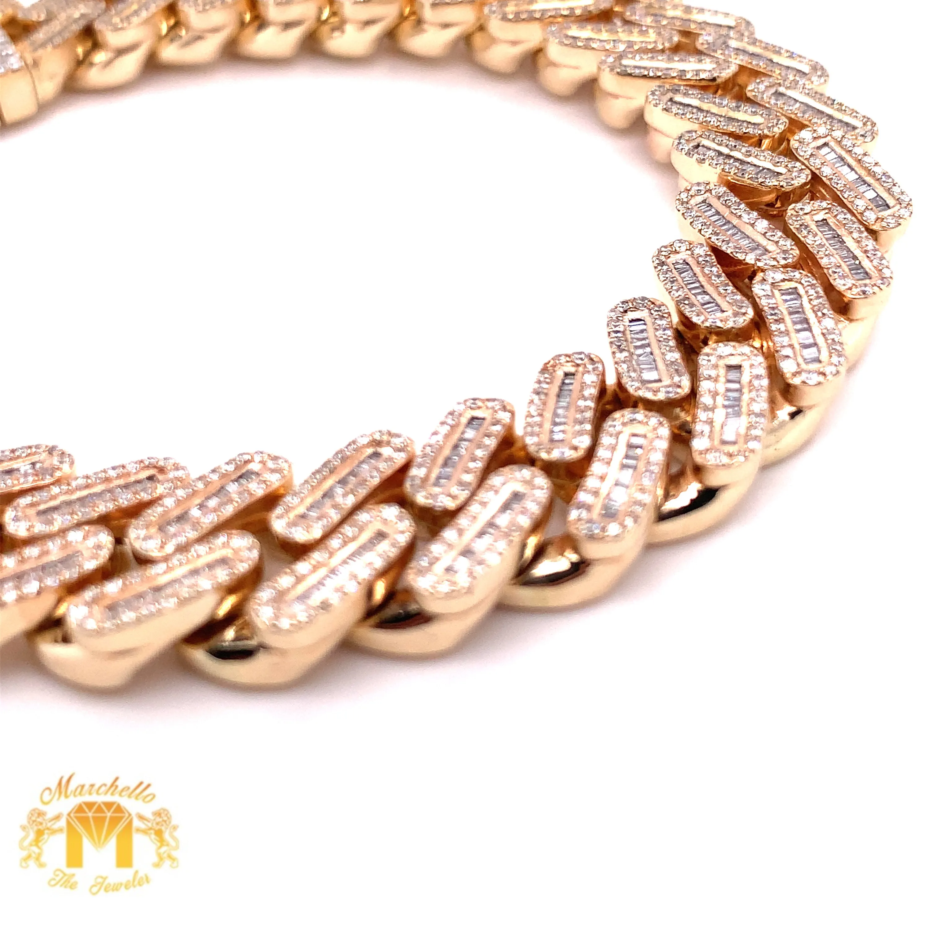 9ct Baguette & Round Diamond and Gold 15MM Cuban Bracelet (prong set, box clasp)