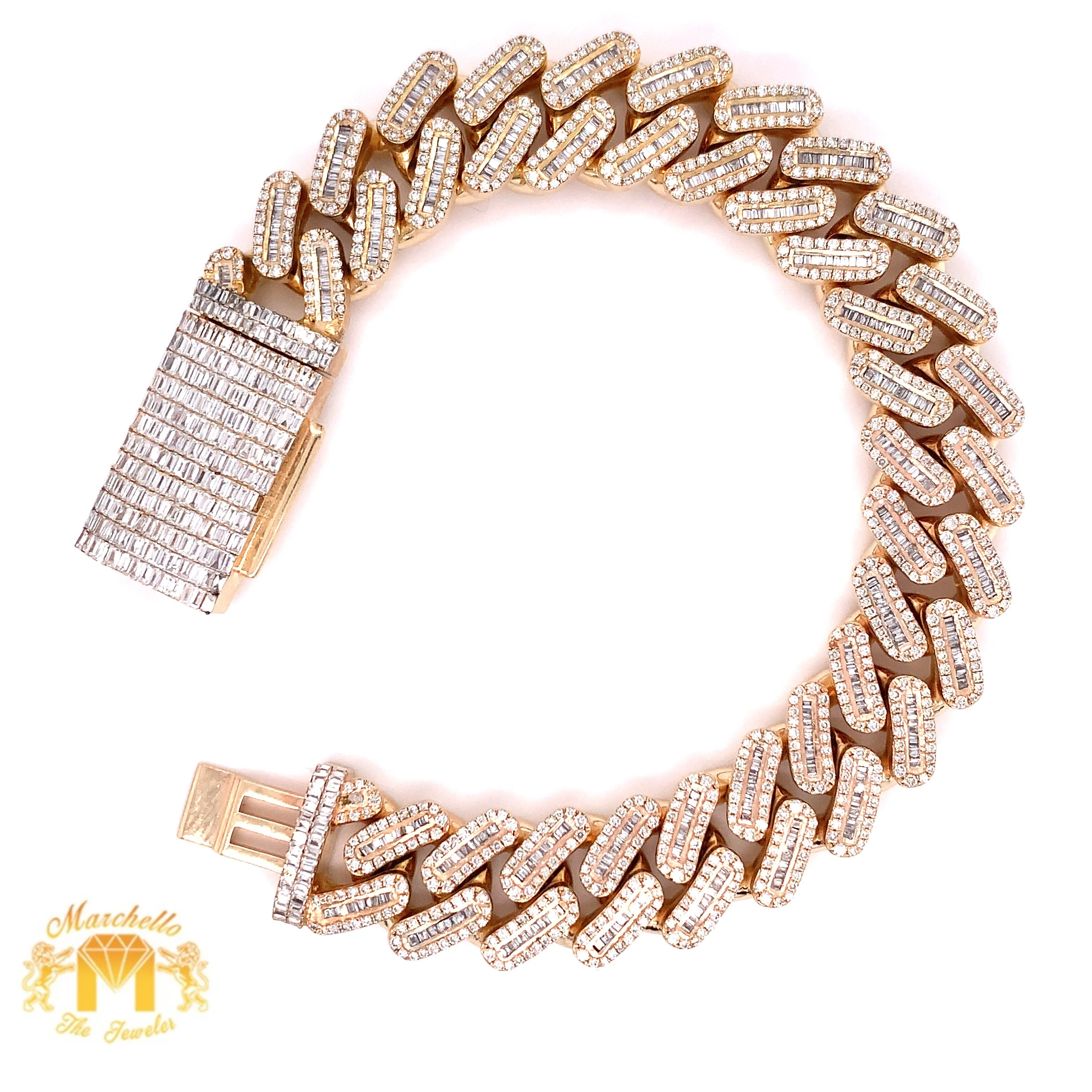 9ct Baguette & Round Diamond and Gold 15MM Cuban Bracelet (prong set, box clasp)