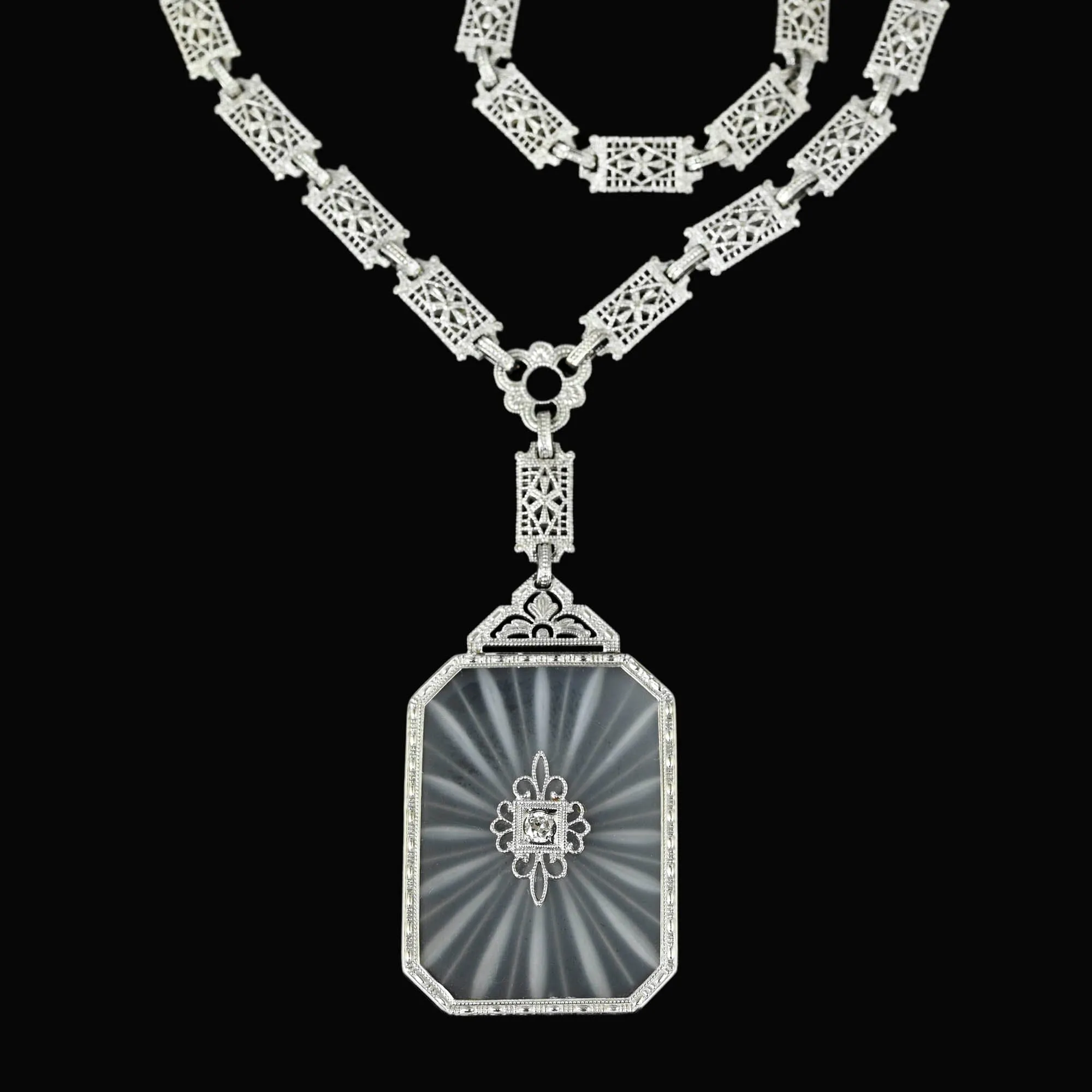 Antique Art Deco Rock Crystal Starburst Diamond Necklace