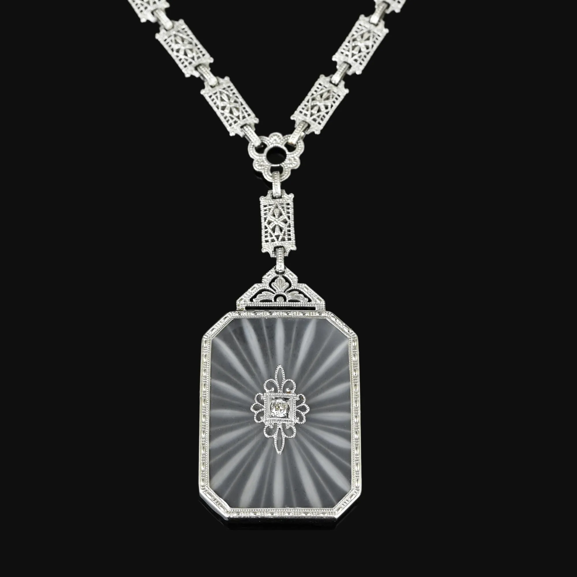 Antique Art Deco Rock Crystal Starburst Diamond Necklace