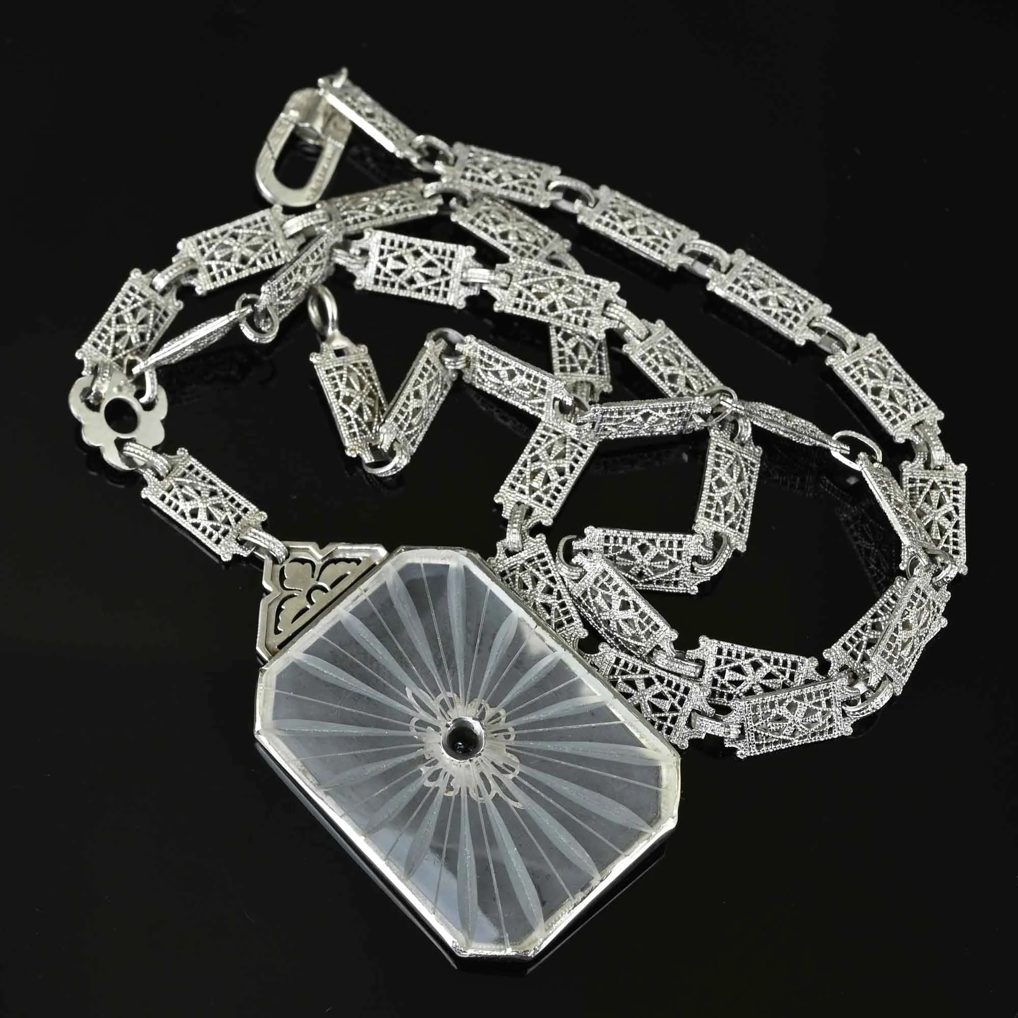 Antique Art Deco Rock Crystal Starburst Diamond Necklace