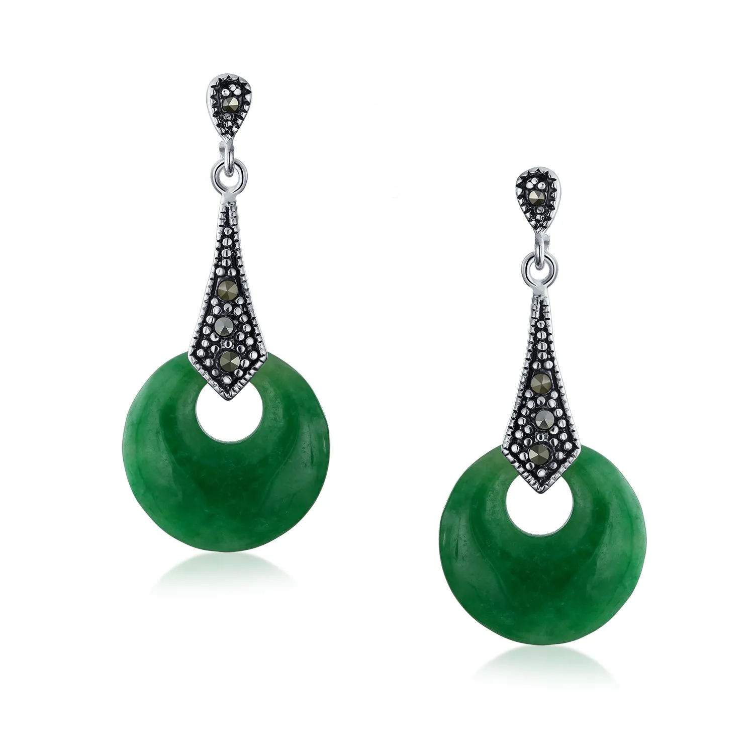 Asian Style Good Fortune Marcasite Green Jade Dangle Gemstone Earrings  Silver