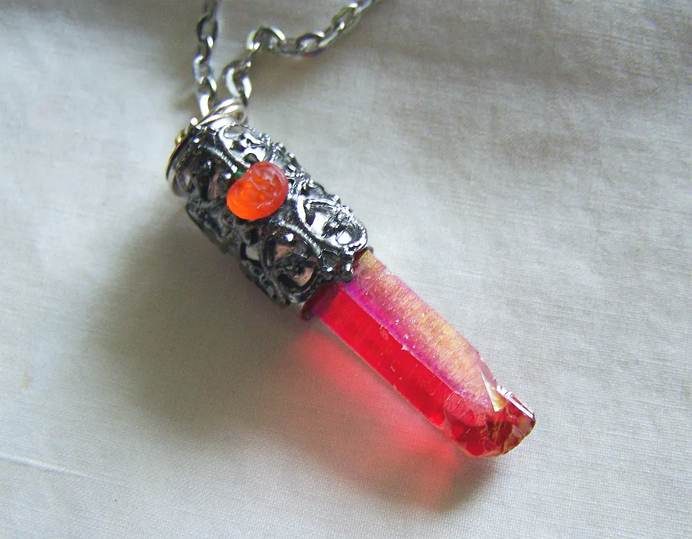 Autumn Orange Aura Quartz Filigree Pumpkin Bullet Jewelry Pendant