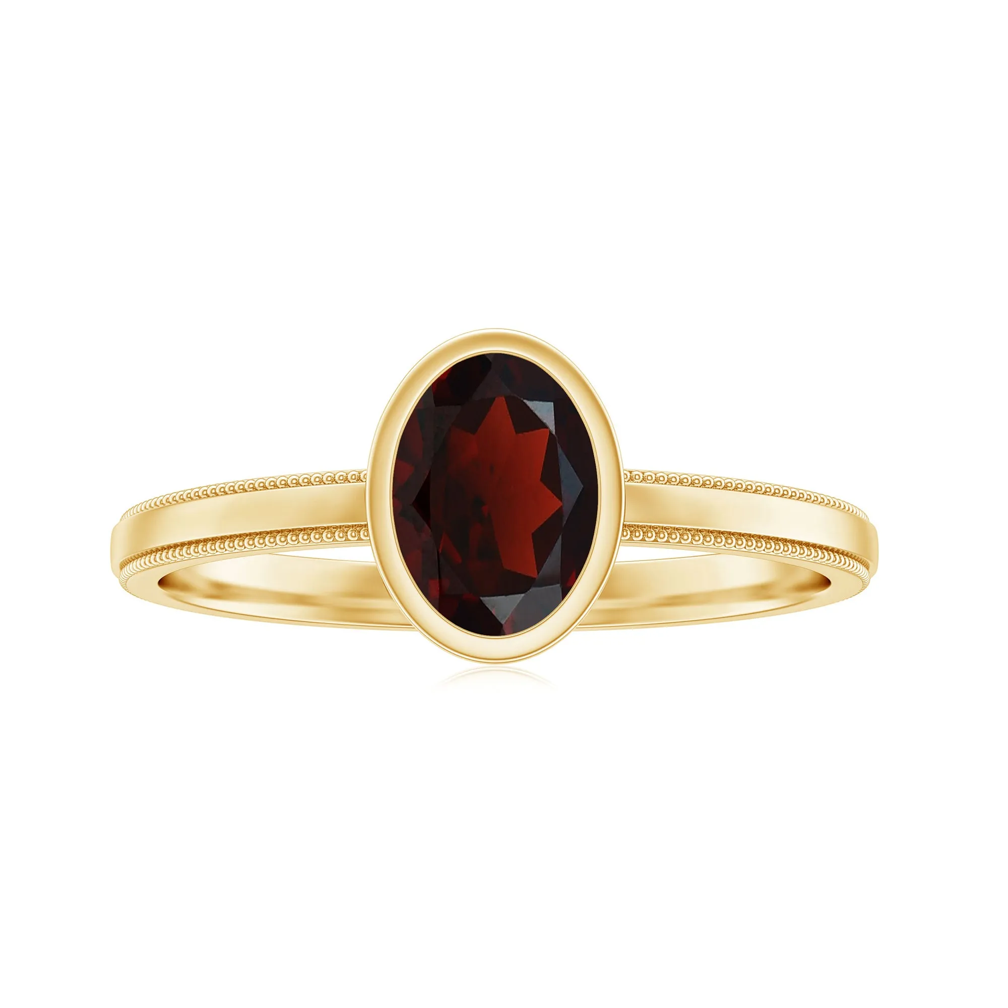 Bezel Set Oval Garnet Solitaire Ring with Beaded Detailing