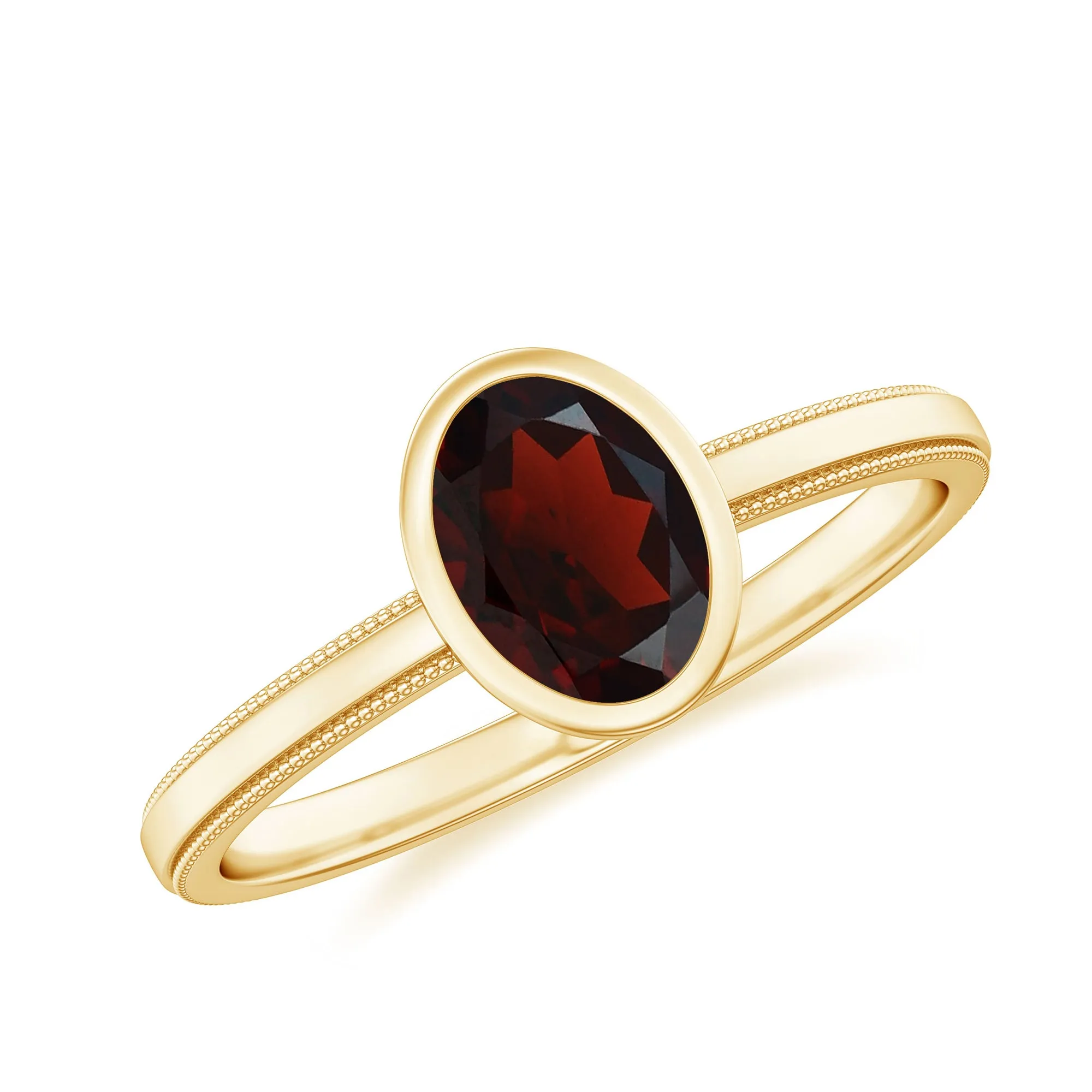 Bezel Set Oval Garnet Solitaire Ring with Beaded Detailing