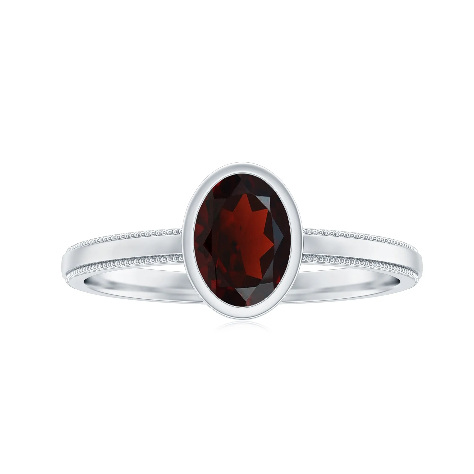 Bezel Set Oval Garnet Solitaire Ring with Beaded Detailing