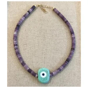 Biggie Aqua Nazar Purple Agate Medium Heishi Necklace