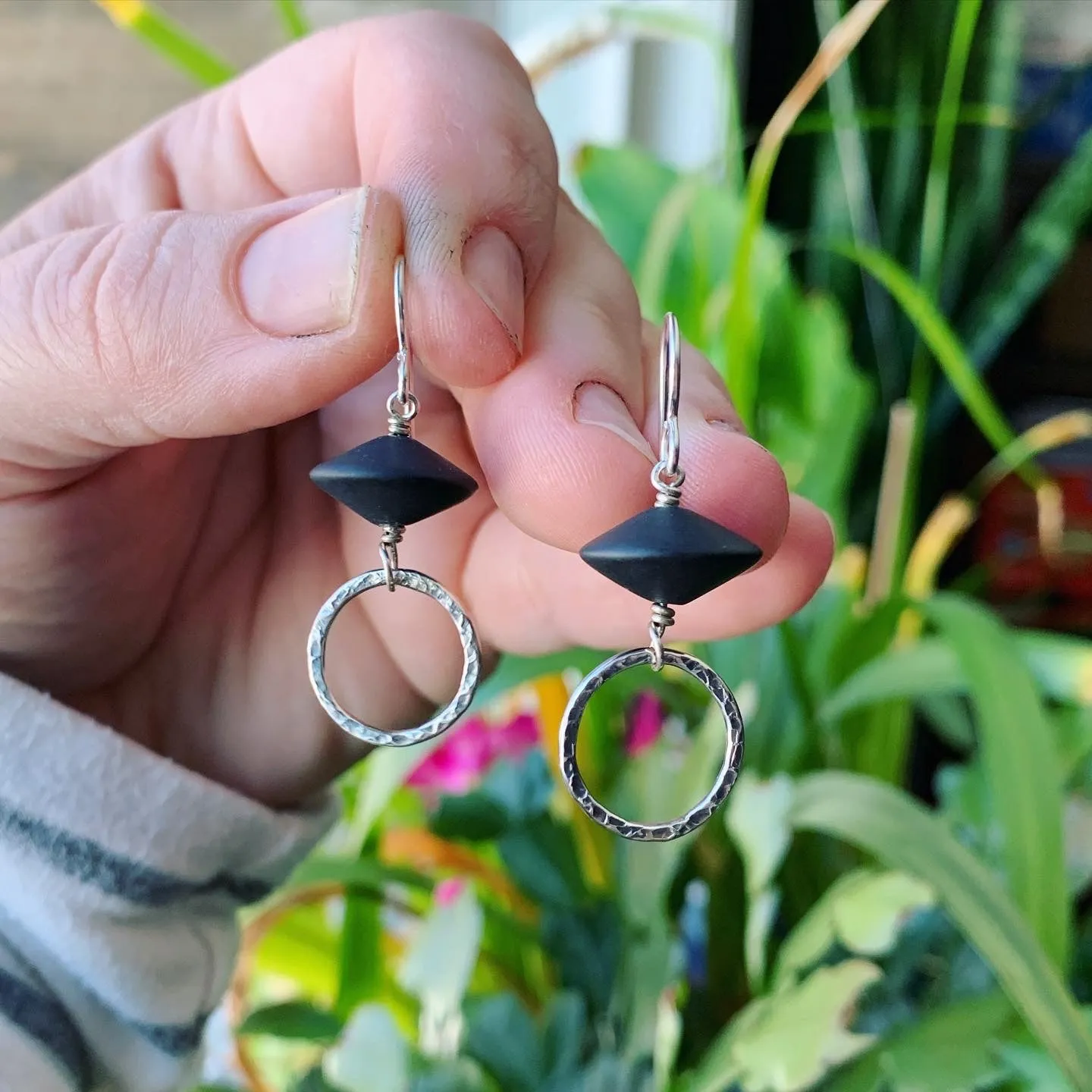 Black Onyx Textured Dangle Earrings