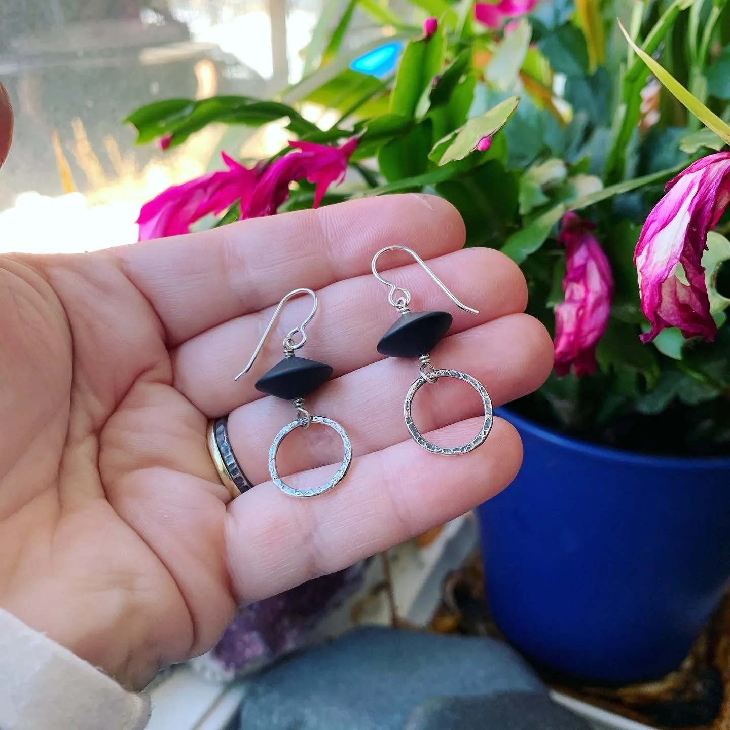 Black Onyx Textured Dangle Earrings