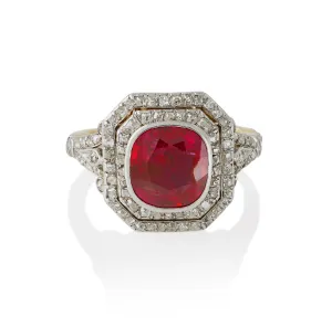 Burmese SSEF No-Heat Ruby and Old Mine-cut Diamond Ring