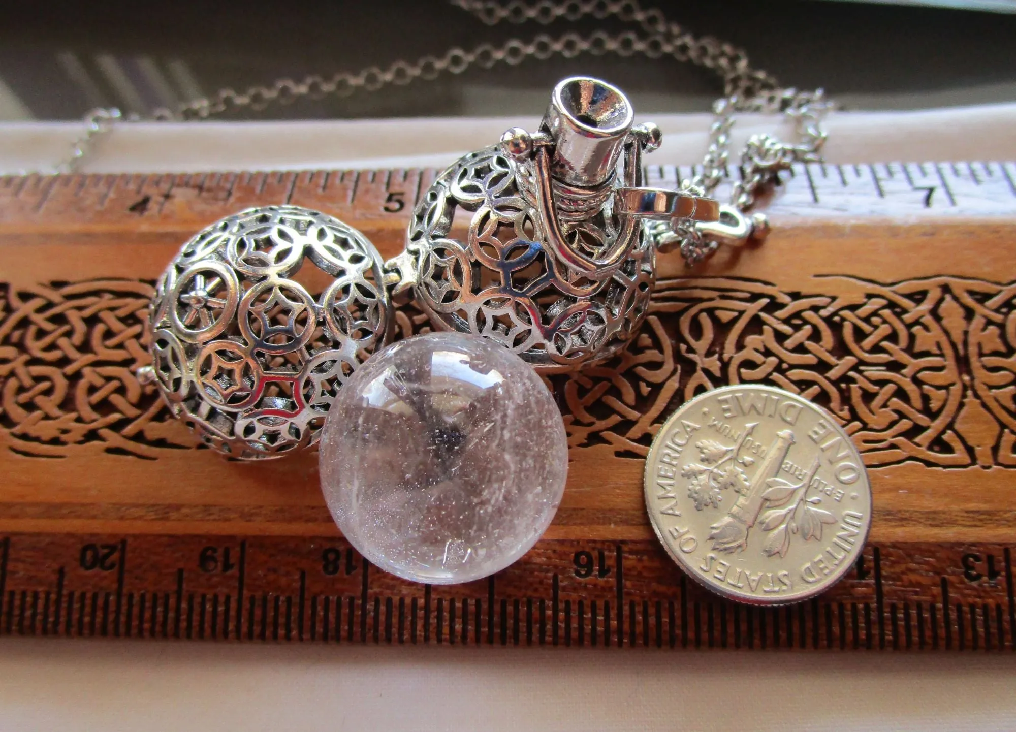 Caged Silver Stars Quartz Crystal Ball Pendant Necklace