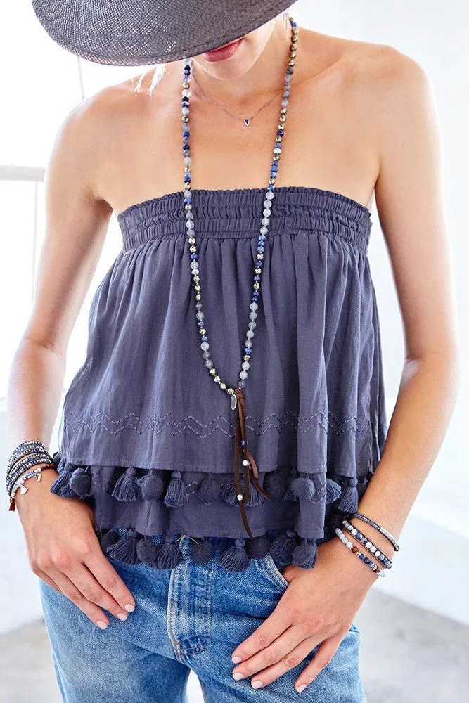 Chan Luu Blue Mix Leather Fringe Long Necklace