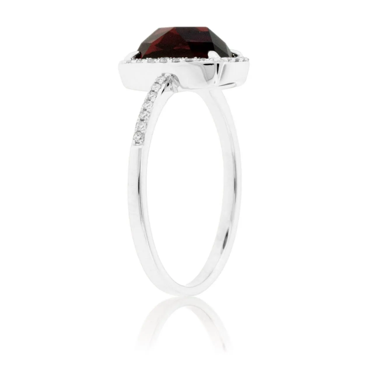 Checkboard Garnet & Diamond Halo & Diamond Lined Shank Ring