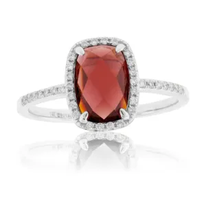 Checkboard Garnet & Diamond Halo & Diamond Lined Shank Ring