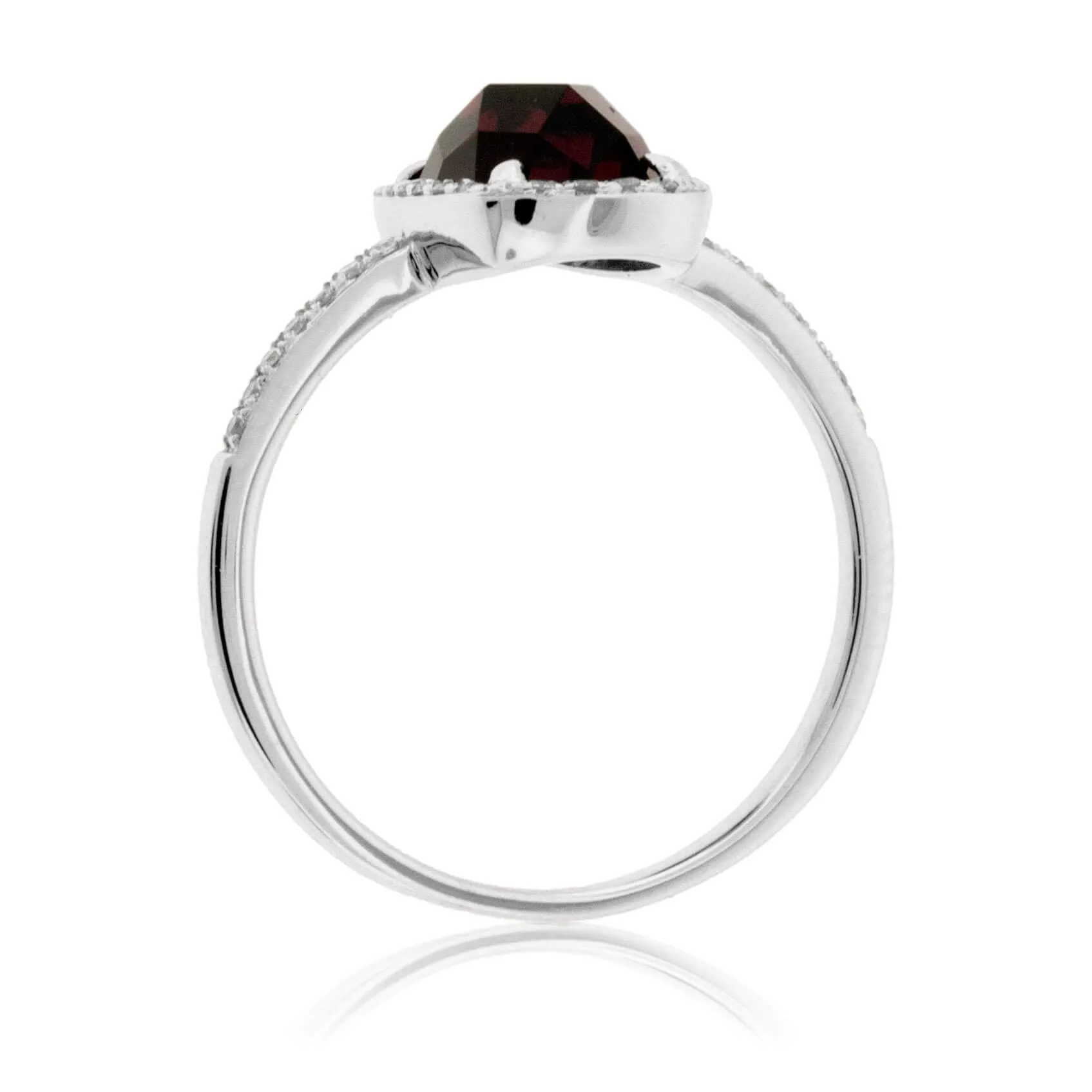 Checkboard Garnet & Diamond Halo & Diamond Lined Shank Ring