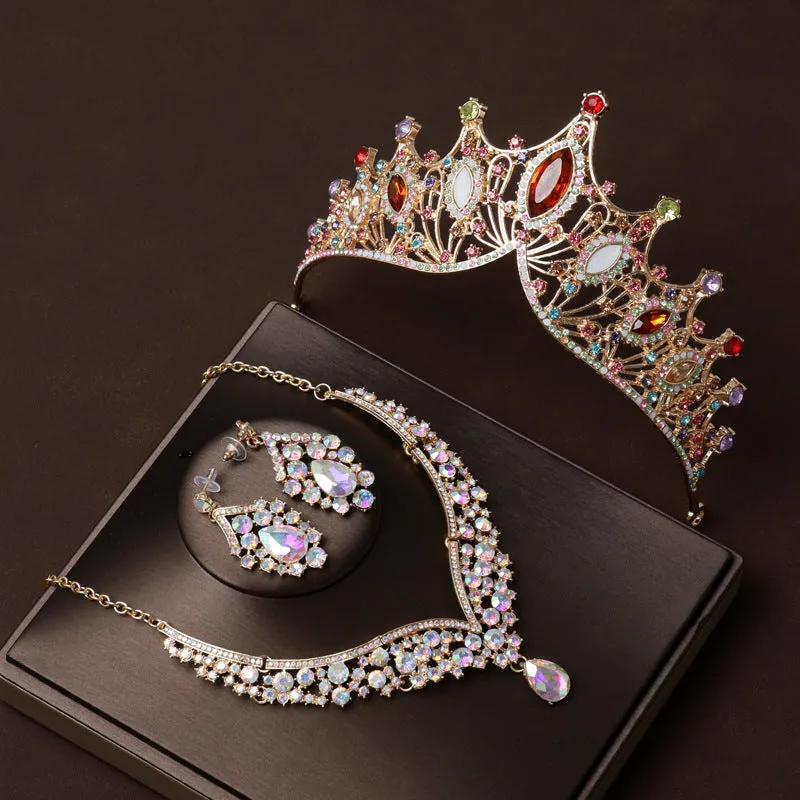 Colored diamond retro atmospheric crown wedding bride tiara dress necklace three-piece set wedding accessories