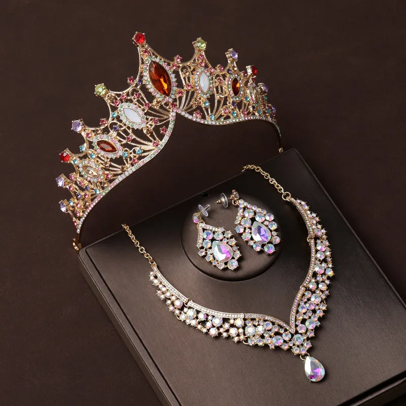 Colored diamond retro atmospheric crown wedding bride tiara dress necklace three-piece set wedding accessories