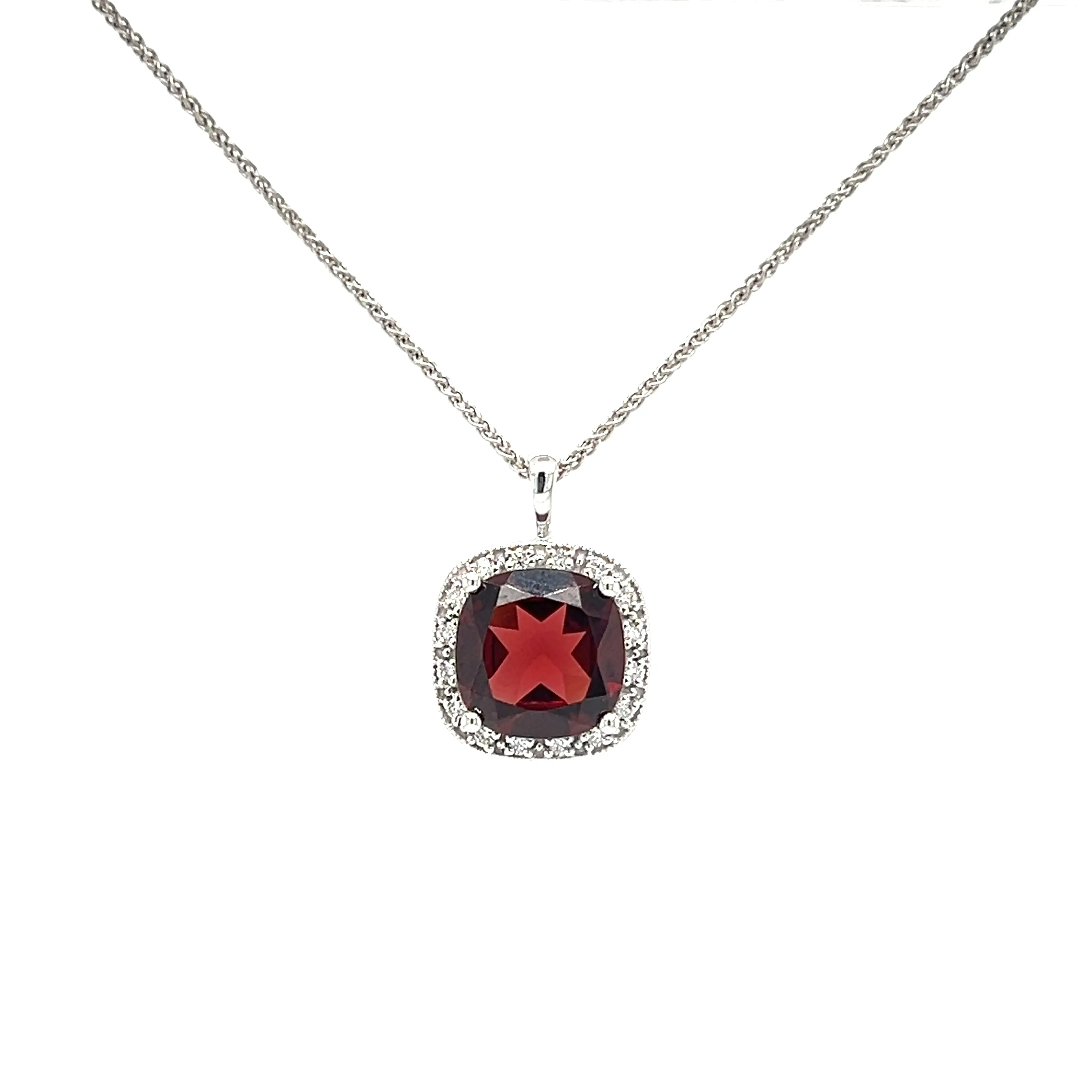 Cushion Garnet Pendant with Diamond Halo in 14K White Gold