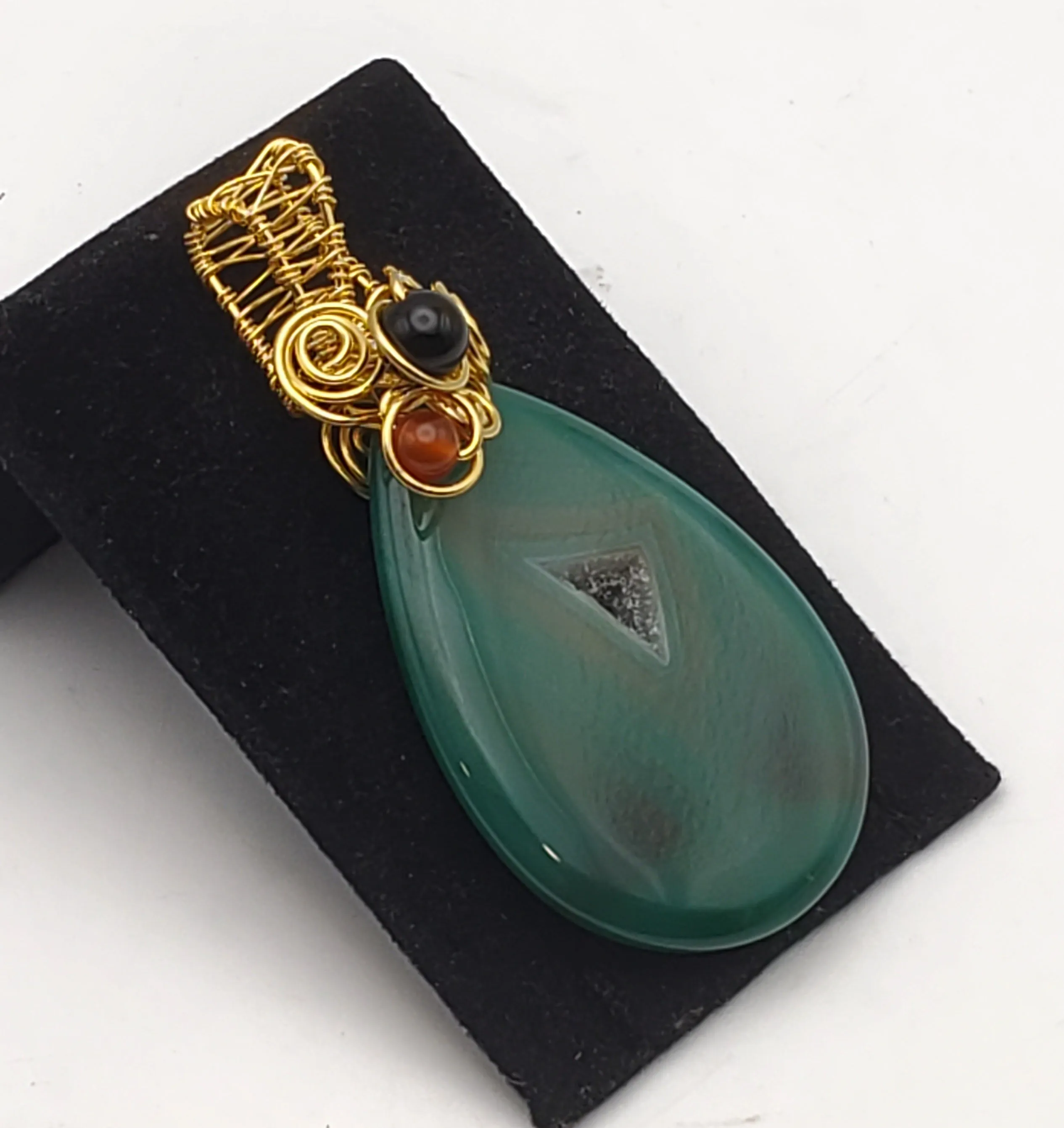 Dyed Green Geode Slice Gold Tone Wire Wrapped Pendant